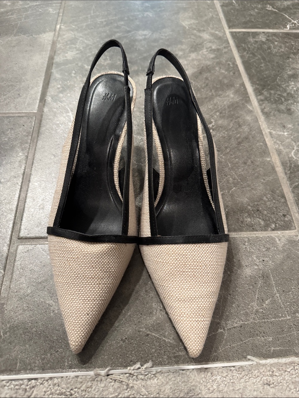 H&M Beige Pointed Slingback kitten heels with Black Trim